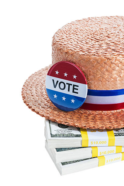 istock Skimmer hat with VOTE button and money on white background 502897960