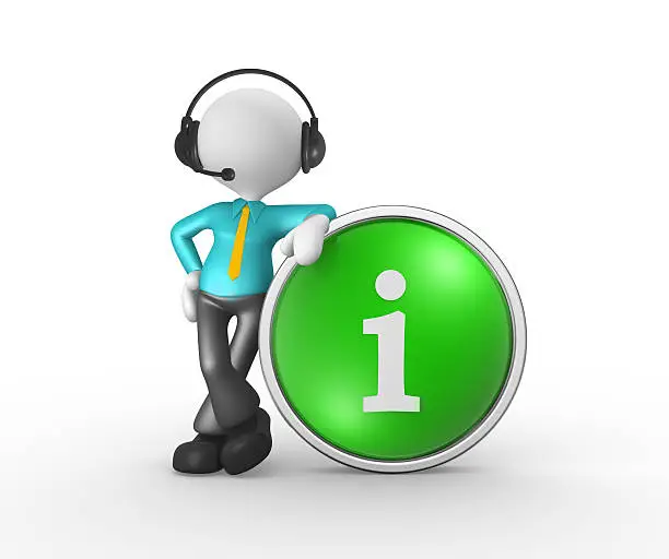 3d people - man, person with headphones with microphone and button "i" - information.