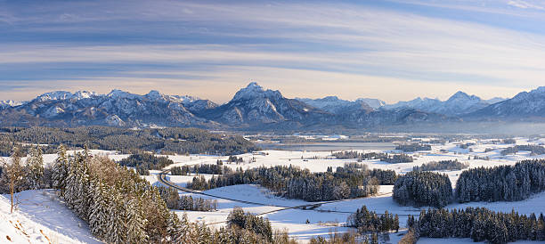 panorama landscape in Bavaria at winter with lake Forggensee and alps mountains