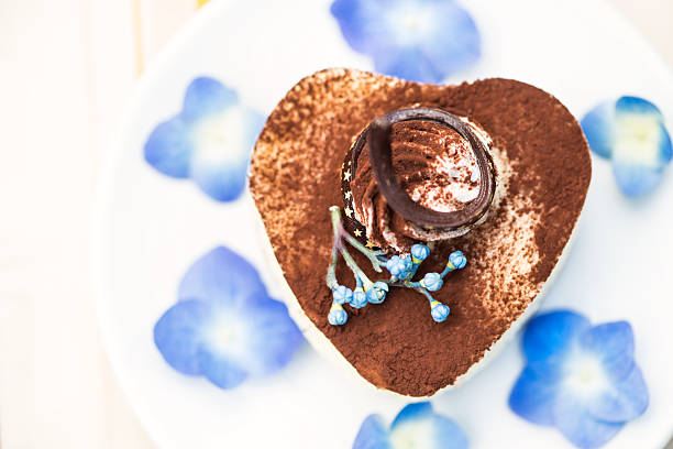 Italian heart shaped tiramisu cake decorated with blue hydrangea flowers, whipped cream, cocao and a chocolate swirl with stars