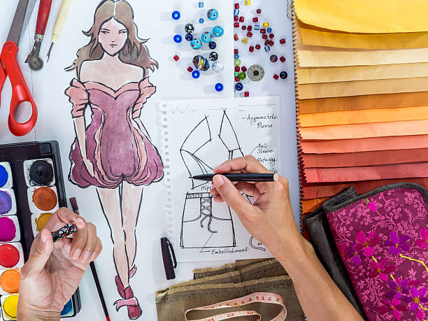 istock Fashion designer drawing illustration with material sample 502909653