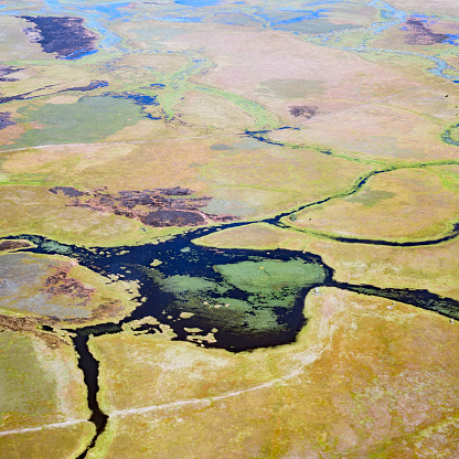 Aerial view over the floodplains ans islands of the Okavango delta in Botswana.