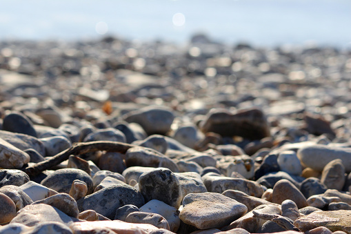 Photo showing a mass of natural grey pebbles that are covering a seaside beach by the sea, which is glistening in the background of this coastal scene.  The pebbles in the foreground are in focus, while those in the background are blurred, emphasising the depth of field and perspective.