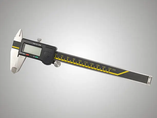 Digital vernier caliper (slide gauge) against grey background