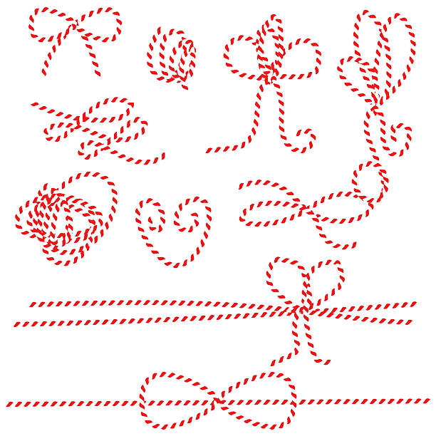 ilustraciones, imágenes clip art, dibujos animados e iconos de stock de densidad cuerda bows, bridas de regalos. patrón de cadena roja y blanca - lazo cuerda