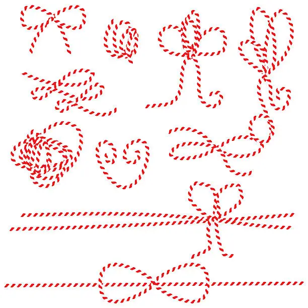 Vector illustration of Twine rope bows, gift ties. Red and white string pattern