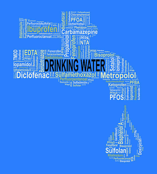 Water tap - Word cloud with micropollutants / trace substances 