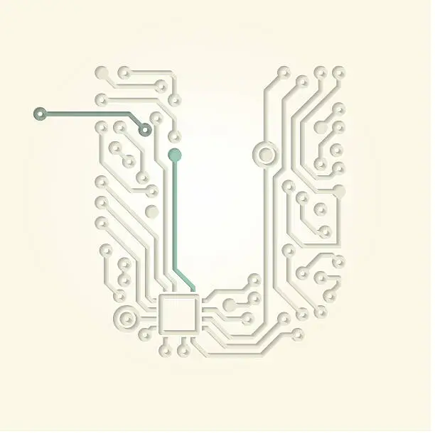 Vector illustration of Letter U (Cut out electronic conductive tracks)