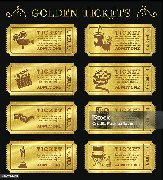 Ilustración de Golden Vector Cinema Entradas y más Vectores Libres de Derechos de Oro - Metal - Oro - Metal, Billete de admisión, Dorado - Color