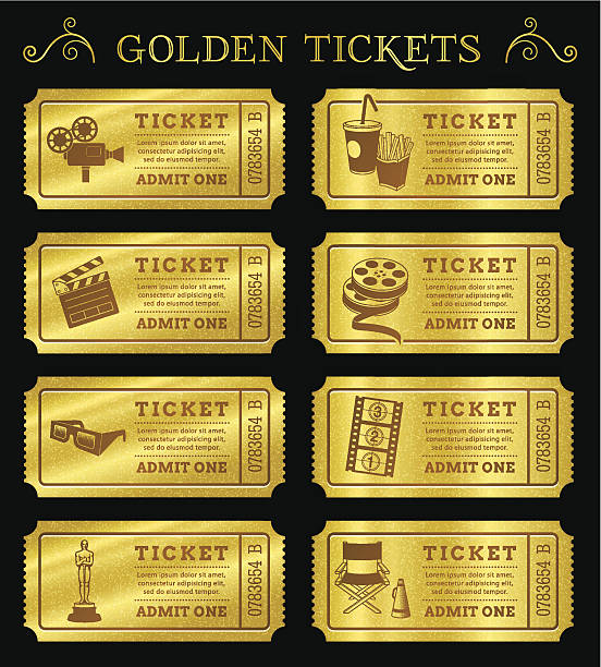 illustrazioni stock, clip art, cartoni animati e icone di tendenza di golden vettore biglietti del cinema - ticket movie theater movie movie ticket