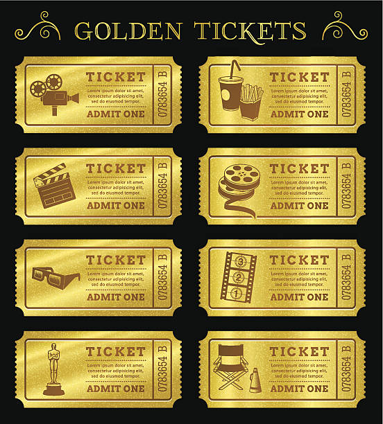 Golden Vector Cinema Tickets Set of eight golden vector cinema tickets and coupons templates. Vector file is organized in layers to separate Graphic elements from texture and text. cinema ticket stock illustrations