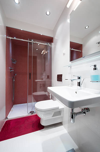 istock Interior of a small red white bathroom 502915332