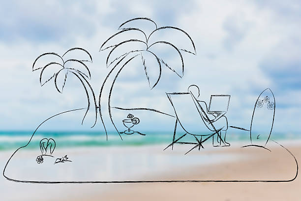 istock man working on his laptop online from a desert island 502916612