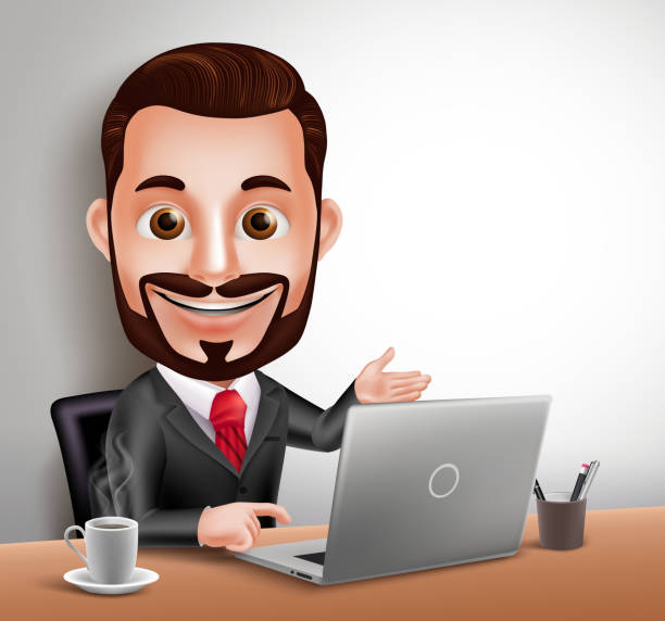Man Vector Character Happy Sitting and Working in Office Desk 3D Realistic Professional Business Man Vector Character Happy Sitting and Working in Office Desk with Laptop Computer. Vector Illustration caricature stock illustrations