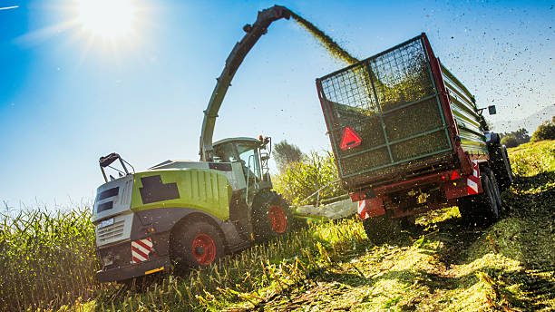 tracteur moissonneuse-batteuse et avec remorque sur le terrain - vehicle trailer flash photos et images de collection