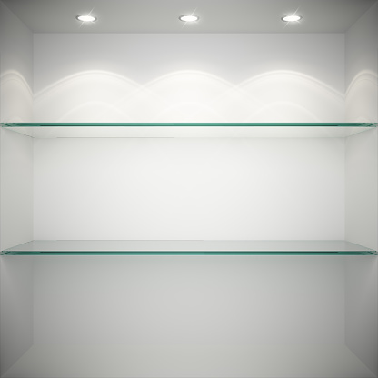 Empty showcase with glass shelves for exhibition