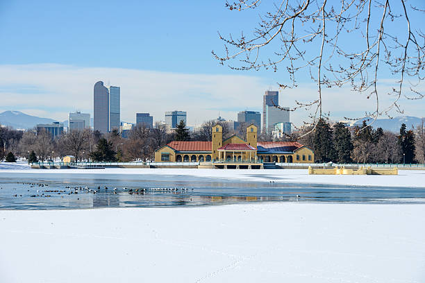 Winter at City Park A white winter scene in a city park at east-side of Downtown Denver, Colorado, USA. ice lakes colorado stock pictures, royalty-free photos & images