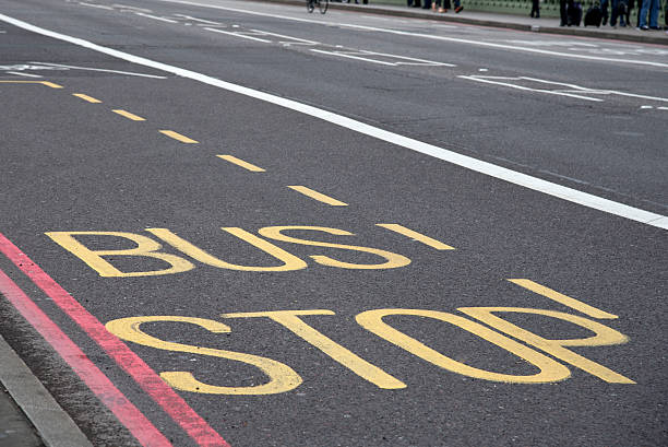 istock Bus stop street information on a bus lane 502919178