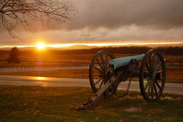 Haunting photo of the battlefield at Gettysburg, PA taken on a November afternoon from the Union position on Cemetery Ridge just as the sun was setting over the field of battle memorialized by Pickett's Charge.