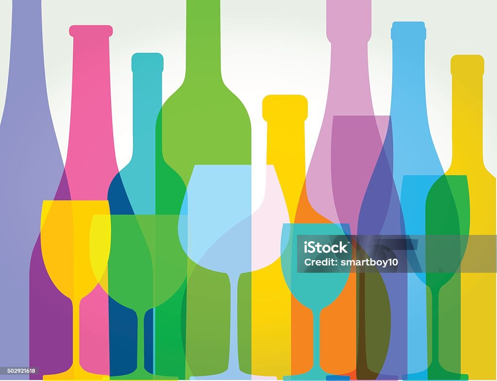 wine bottles and wine glasses Colourful overlapping wine bottles. EPS10, file best in RGB, CS5 version in zip Wine stock vector