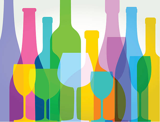 wine bottles and wine glasses Colourful overlapping wine bottles. EPS10, file best in RGB, CS5 version in zip drinking glass illustrations stock illustrations