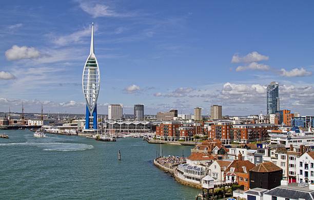A view of Spinnaker Tower and Portsmouth harbour in the United Kingdom from the water