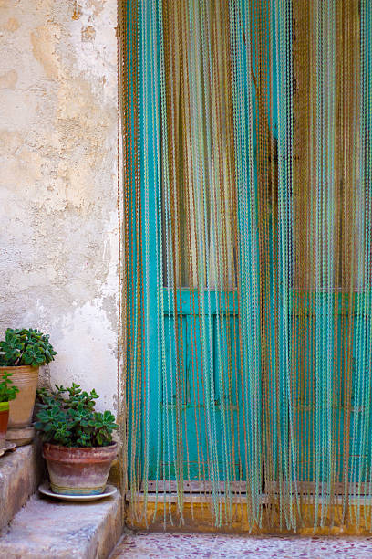 istock Rustic Turquoise Sicilian Door with Beaded Curtain and Plants 502933232