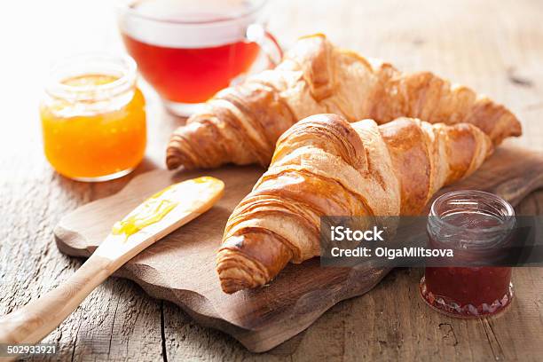 Fresh Croissants With Jam For Breakfast Stock Photo - Download Image Now - Croissant, Preserves, Breakfast