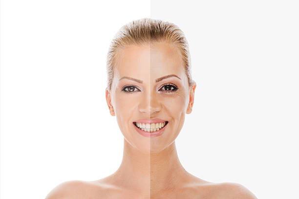 Woman's face before and after retouch Face of beautiful smiling mid adult woman before and after retouch. tooth whitening photos stock pictures, royalty-free photos & images