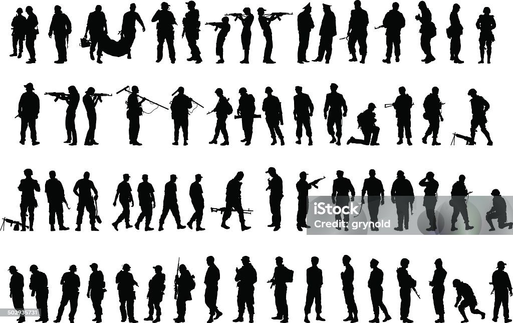 Soldiers Soldier in uniform with gun on white background In Silhouette stock vector