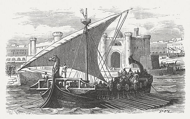 Ancient phoenician galley, wood engraving, published in 1880 Ancient phoenician galley. Woodcut engraving, published in 1880. phoenicia stock illustrations