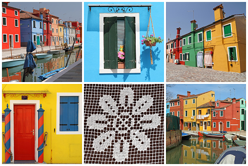 images with fantastic colorful landscape of Burano village - collage , Venice, Italy , Europe