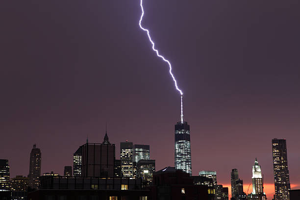 Lightning strikes the World Trade Center NYC stock photo