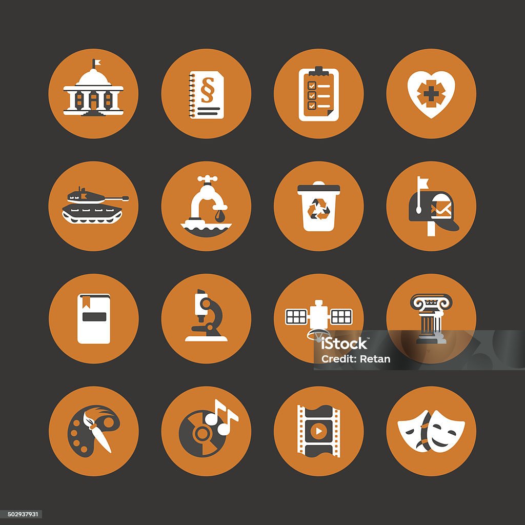 Icon set: public sector, science & culture Simple, flat styled set of 16 icons, perfect for webdesign, app UI, infographics or presentations. Icon Symbol stock vector