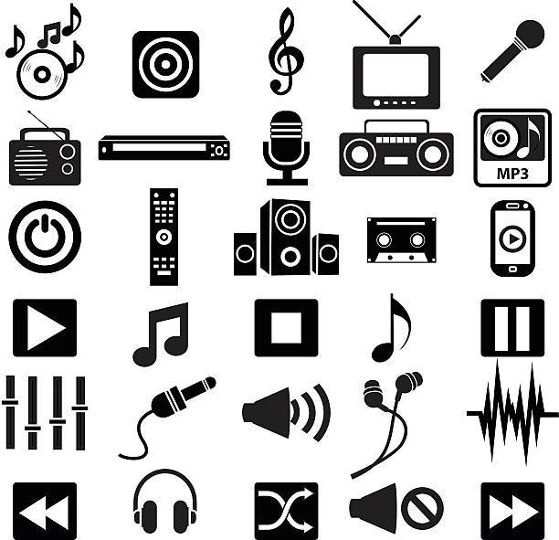 music icon set sound and music icon set symbols personal compact disc player stock illustrations