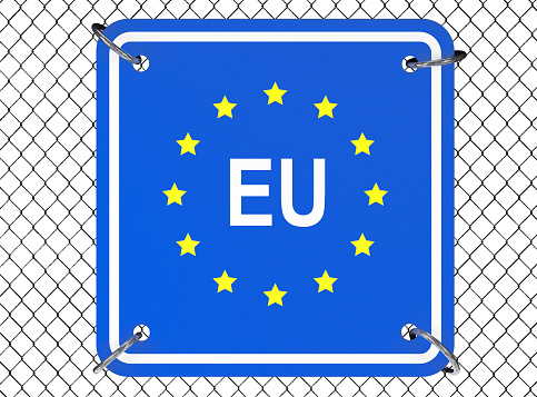 European Union Sign with Wired Fence on a white background