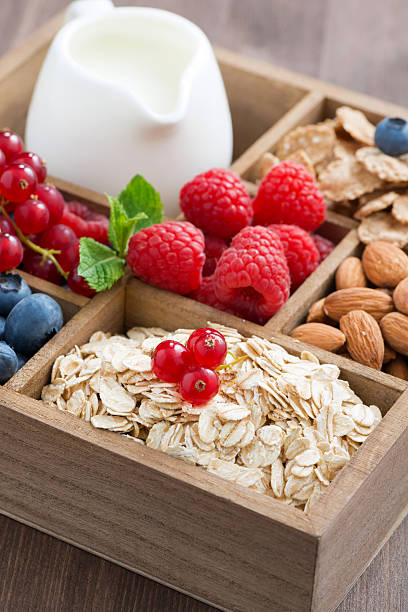 istock box with breakfast items - oatmeal, granola, nuts, berries 502943490