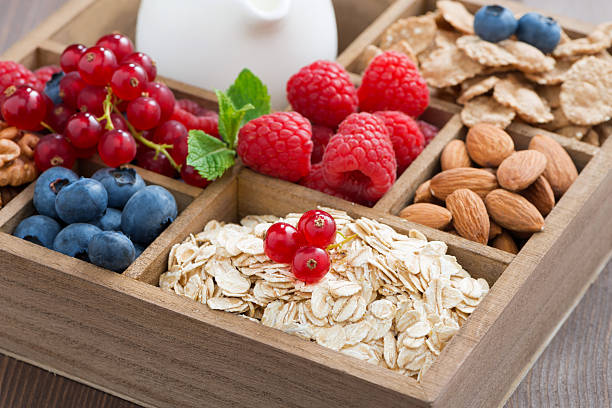 istock box with breakfast items - oatmeal, granola, nuts, berries 502943714