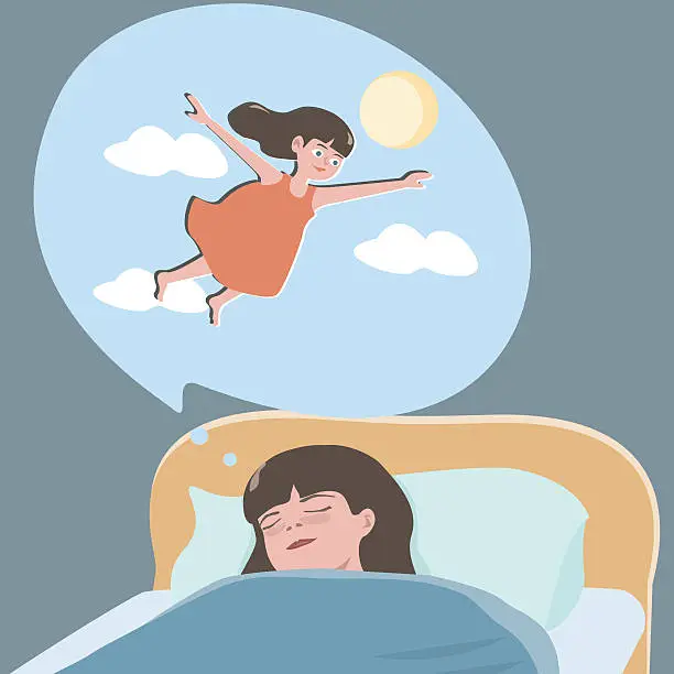 Vector illustration of small girl dreaming about flight