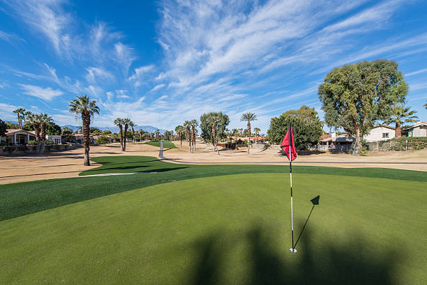 istock Golf course green with flag in hole 502945288