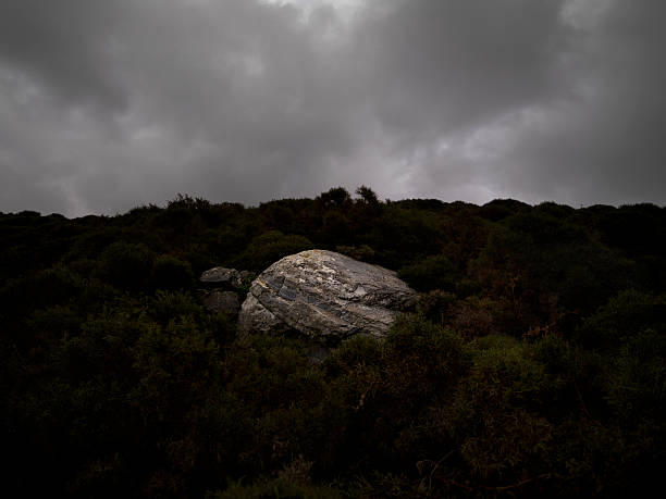 Rock standing alone in a field Hiking around a field heading towards a castle in the island of Ikaria, I came across this rock. The light was ideal for my taste, So I took that shoot. ikaria island stock pictures, royalty-free photos & images