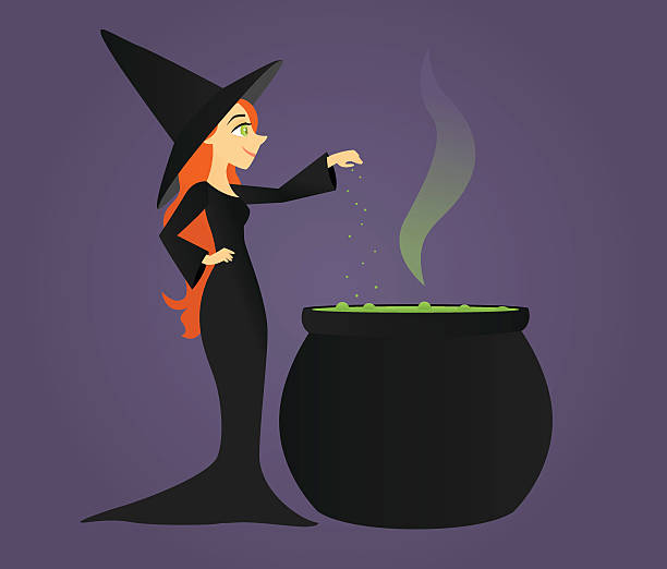 Witch and Cauldron A vector illustration of a smiling witch and her cauldron. cauldron stock illustrations
