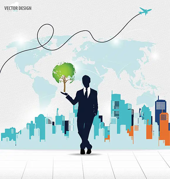 Vector illustration of Businessman showing Tree shaped world map with building backgrou