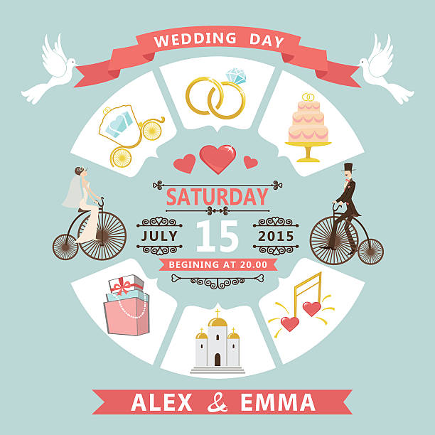 Wedding invitation in infographic style. Bride,groom on retro bi The wedding invitation with Cartoon bride and groom on retro bike .Vector circle concepts with flat icons.A design template in infographic style. wedding decoration for church background stock illustrations