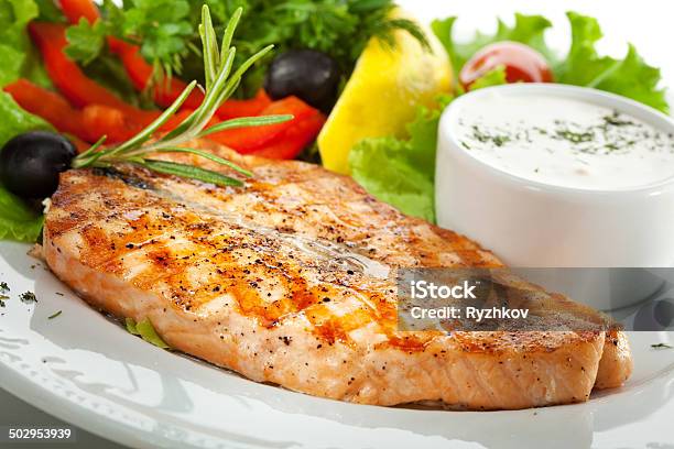 Salmon Steak Stock Photo - Download Image Now - Baked, Cherry Tomato, Close-up