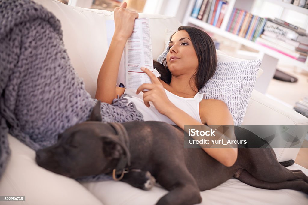 Day off with the sniffles A young woman lying on her couch with her dog while readinghttp://195.154.178.81/DATA/i_collage/pi/shoots/783504.jpg Magazine - Publication Stock Photo