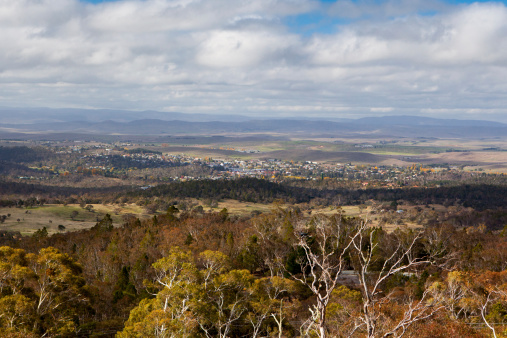 A view over Cooma from Mt Gladstone Lookout on a clear autumn day in NSW, Australia