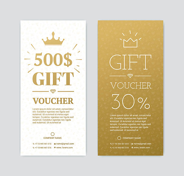 gift certificate with gifts Gift voucher for shopping in the store. Gold card for a gift for the holidays. Exclusive certificate for a gift. gift tag note stock illustrations