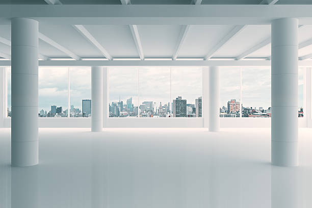 istock Modern white hangar area with city view 502969186