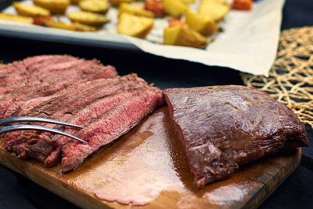 flat iron steak a flat iron steak seasoned and grill sliced on a cutting board flank steak stock pictures, royalty-free photos & images